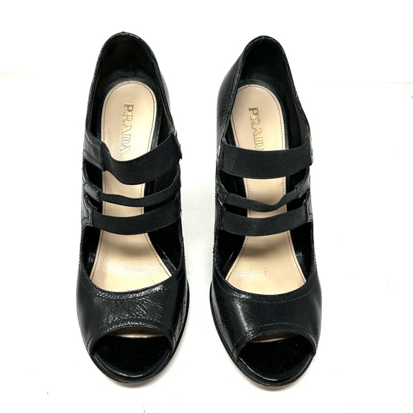 PRADA black crinkled leather, peep toe Mary Jane heels, made in Italy size 39.5 - Picture 5 of 12